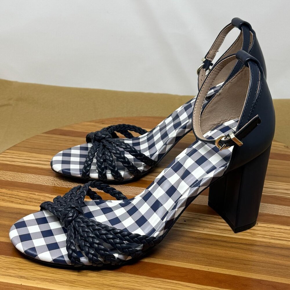 Draper James RSVP Elisa Navy White Gingham Block Heel Sandals SIze 7 Ankle Strap
